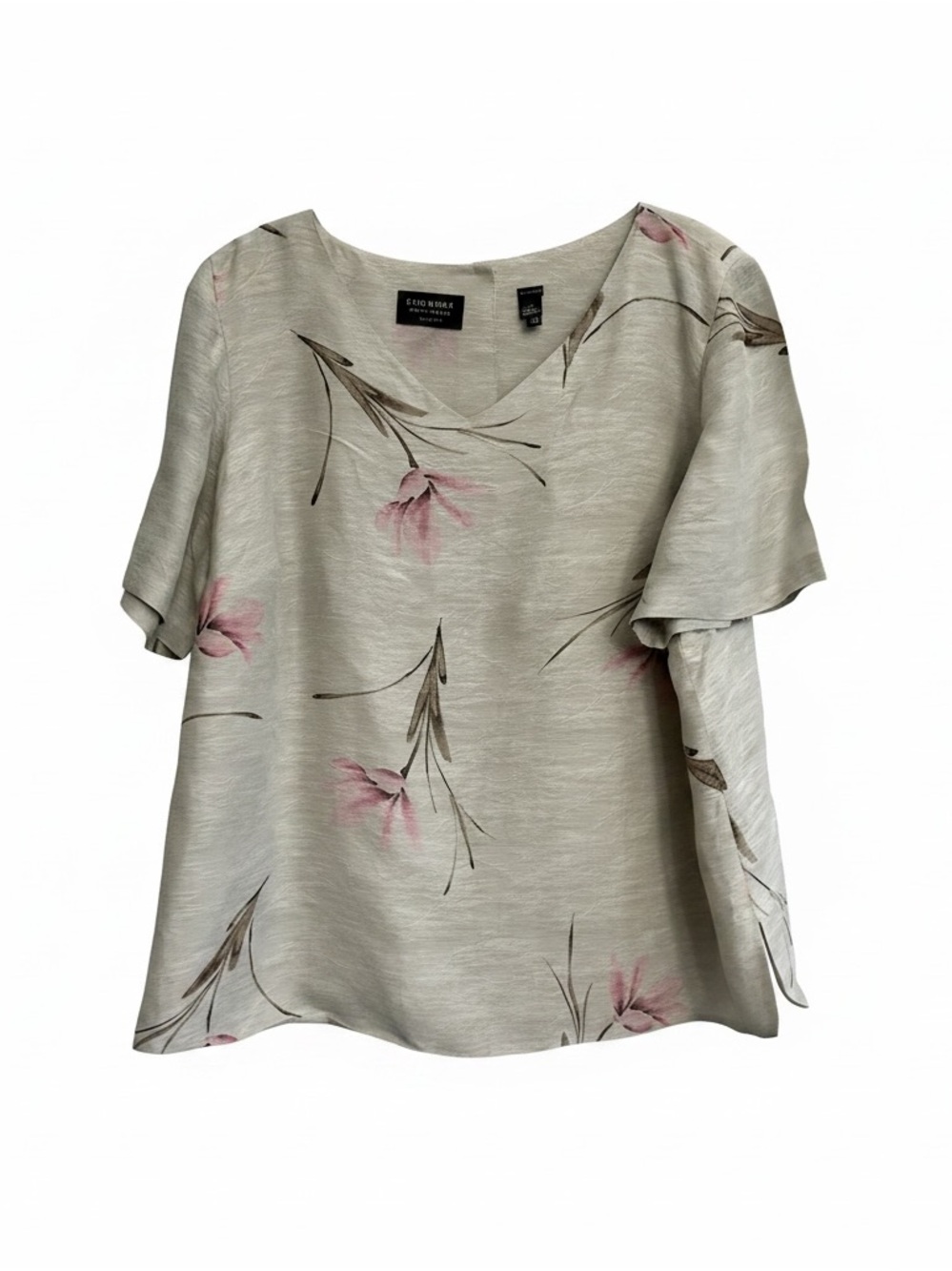 Dana Buchman Light Gray Floral V-Neck Flutter Sleeve Blouse
